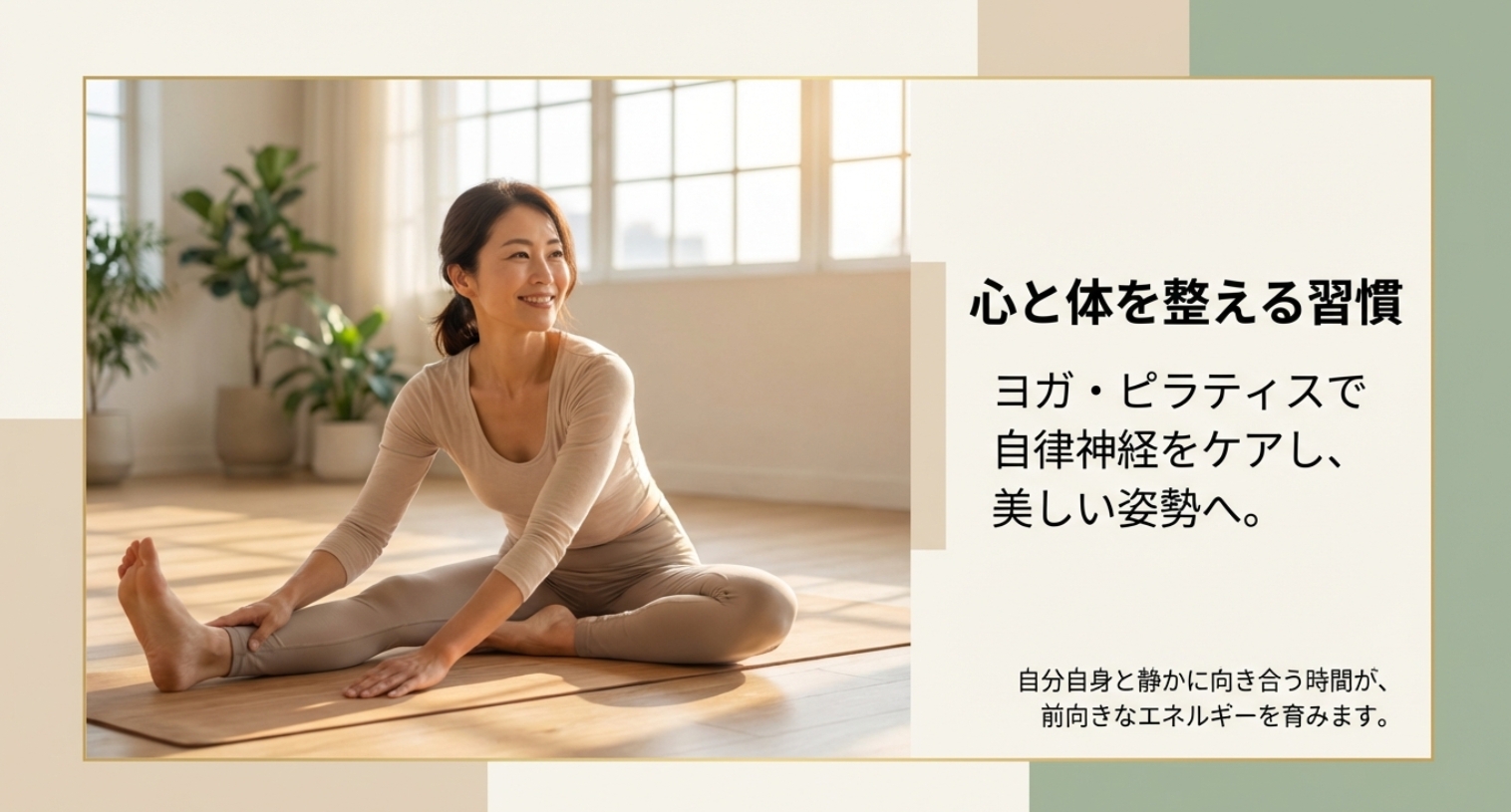 ヨガやピラティスで心身を整える習慣を示す画像。