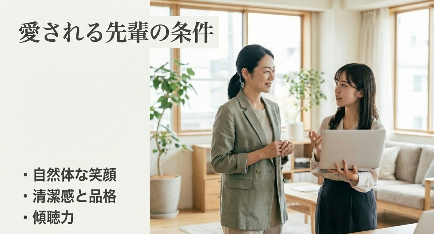 後輩や部下の意見にも真摯に耳を傾け、決して見下すような態度をとらない姿勢を示す画像。