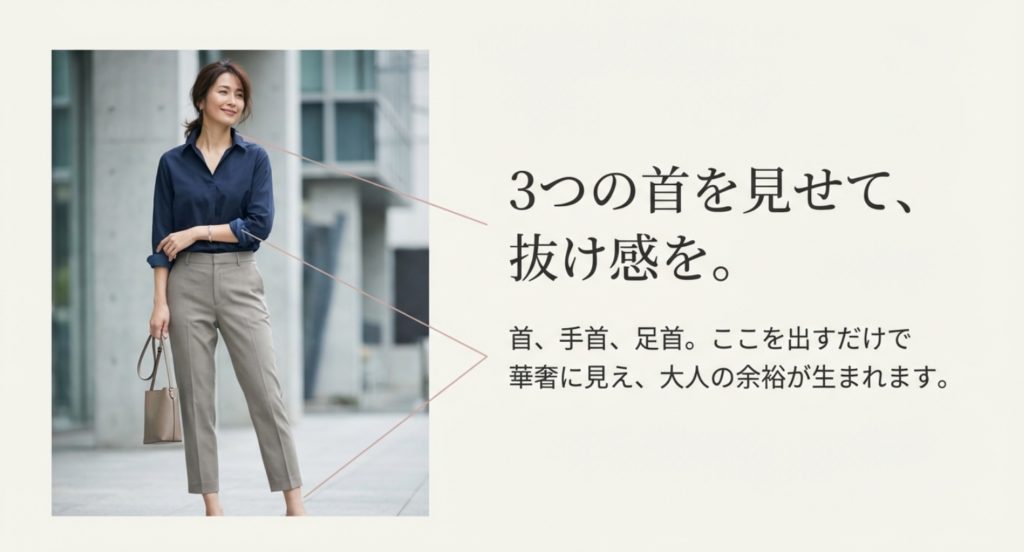 「手首」「足首」「首」の3つの首を見せるを示す画像