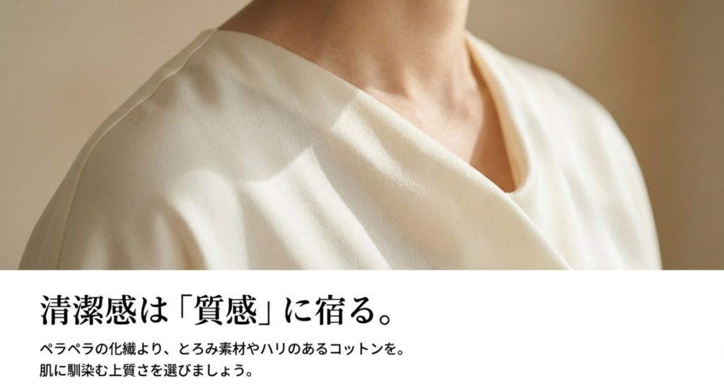 40代のファッションで一番大切なのは、ズバリ「清潔感」と「質感」を示す画像