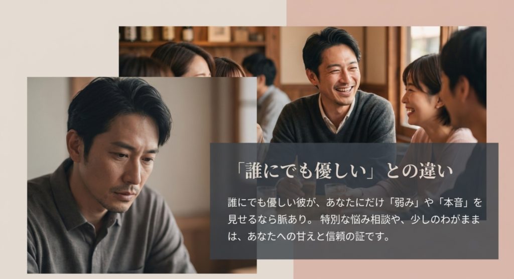 誰にでも優しい男性と本命への態度の決定的な違いを示す画像。