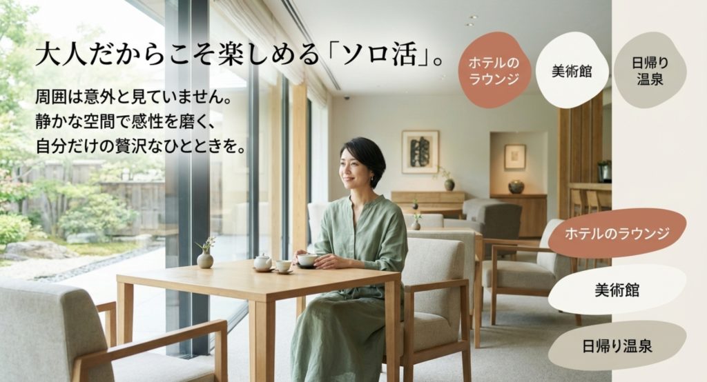 ひとりで行ける場所やおすすめのソロ活スポットを示す画像。