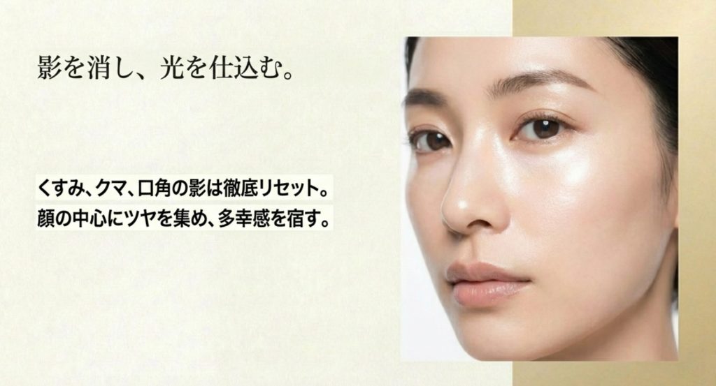 40代の童顔を活かすメイクと不要な影の消し方を示す画像。