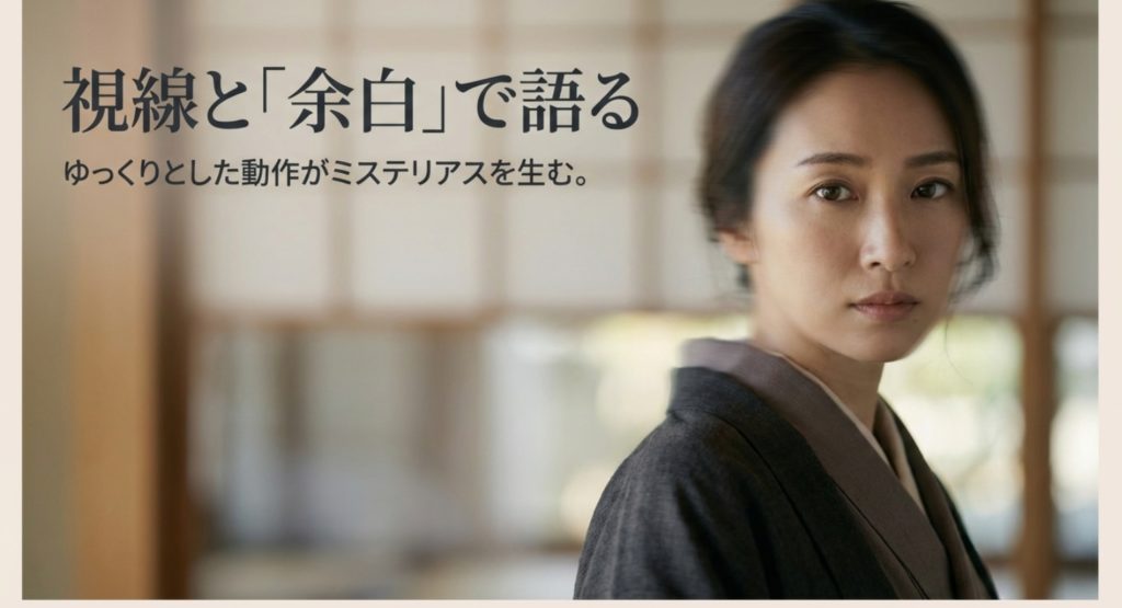 視線や仕草でミステリアスな雰囲気を出す方法を示す画像。