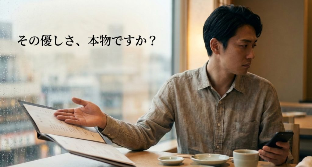 優しいけれどなんか違うと感じる正体と行動サインを示す画像。