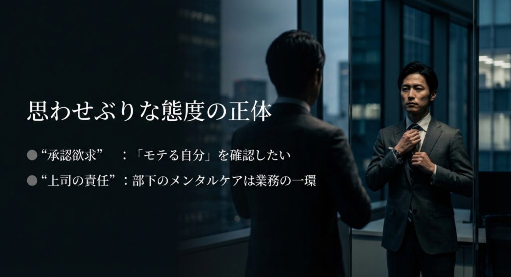 承認欲求やキープ目的で思わせぶりな態度をとる心理を示す画像。