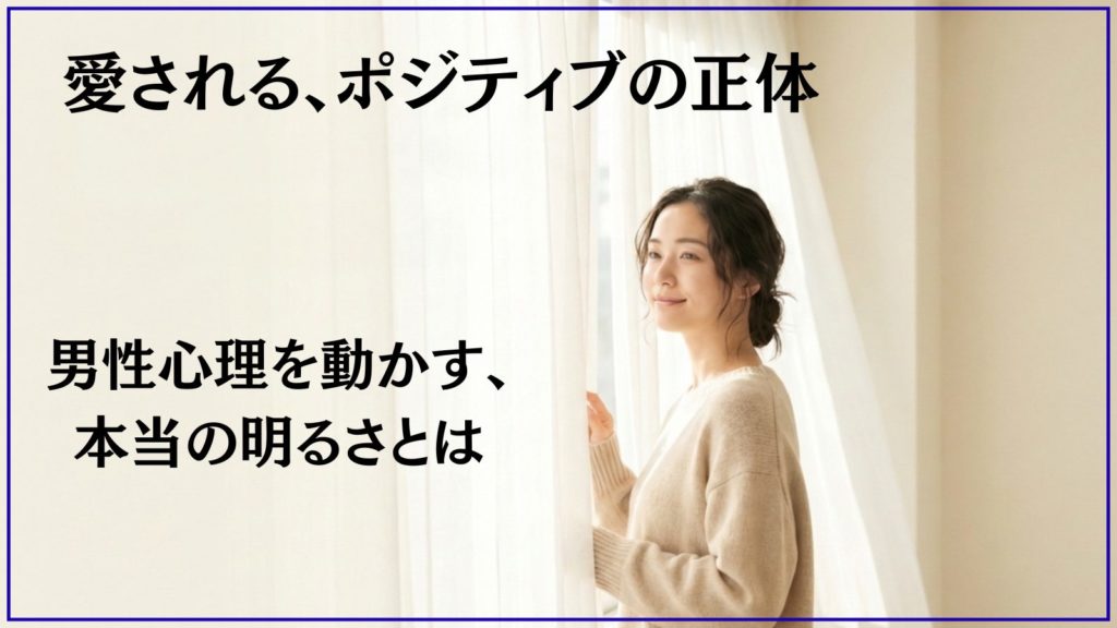 ポジティブな女性が持つ男性心理への影響と愛される秘訣を示す画像。