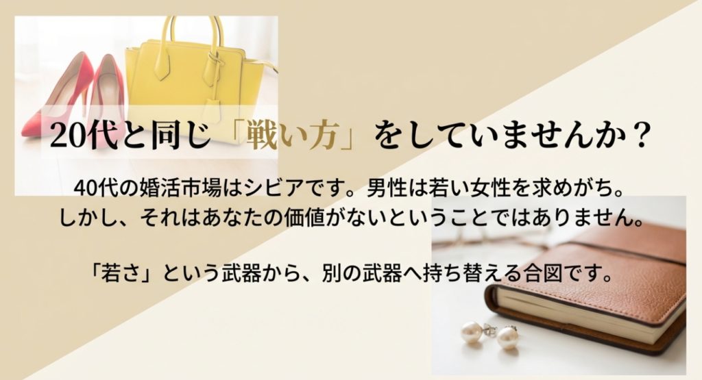アラフォーで結婚できない理由と直面する市場価値の低下を示す画像。