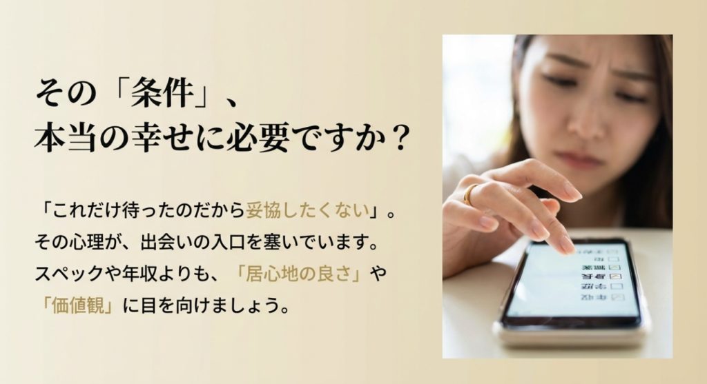 40代の婚活が厳しい理由とマッチングを阻む条件の罠を示す画像。