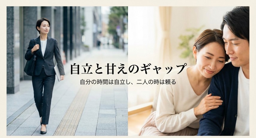 自立と甘えのバランスがハイスペック男性にモテる秘訣を示す画像。