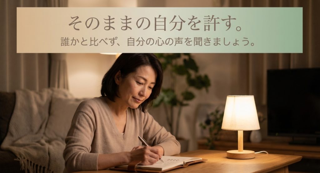 ミッドライフクライシスの不安を解消する心理術を示す画像。