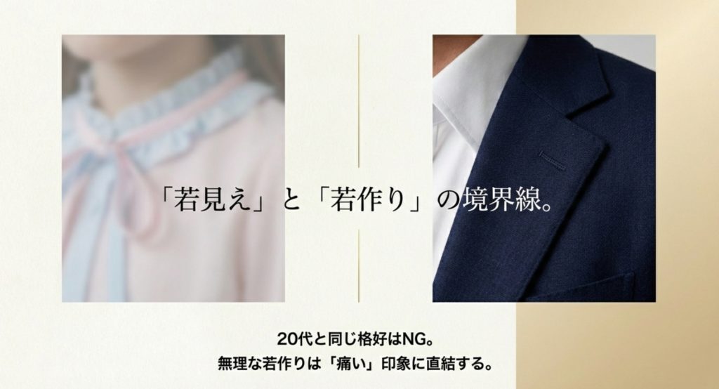 若作りで痛いと思われないファッションの境界線を示す画像。