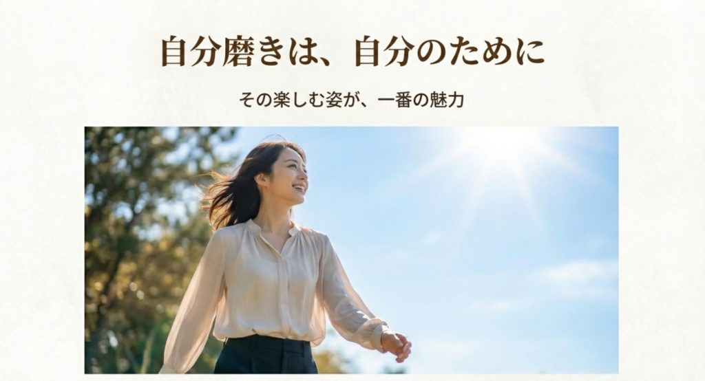 男性から見て素敵な女性であり続ける自分磨きのまとめを示す画像。