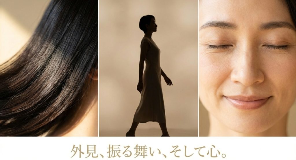 オーラがない原因と垢抜けるための改善ステップを示す画像。