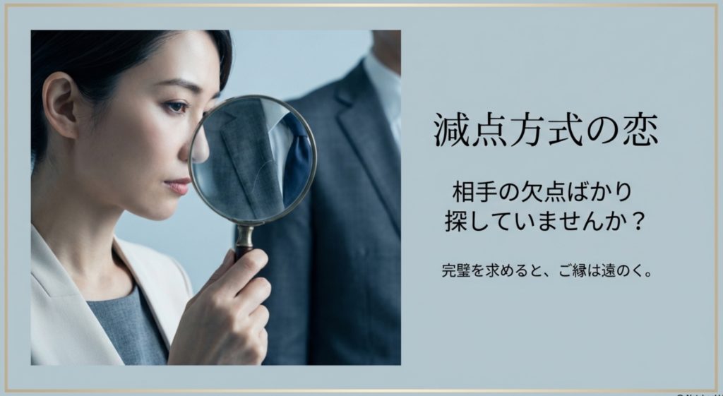 美人と自認する層が陥る高望みや条件設定の見直し方を示す画像。