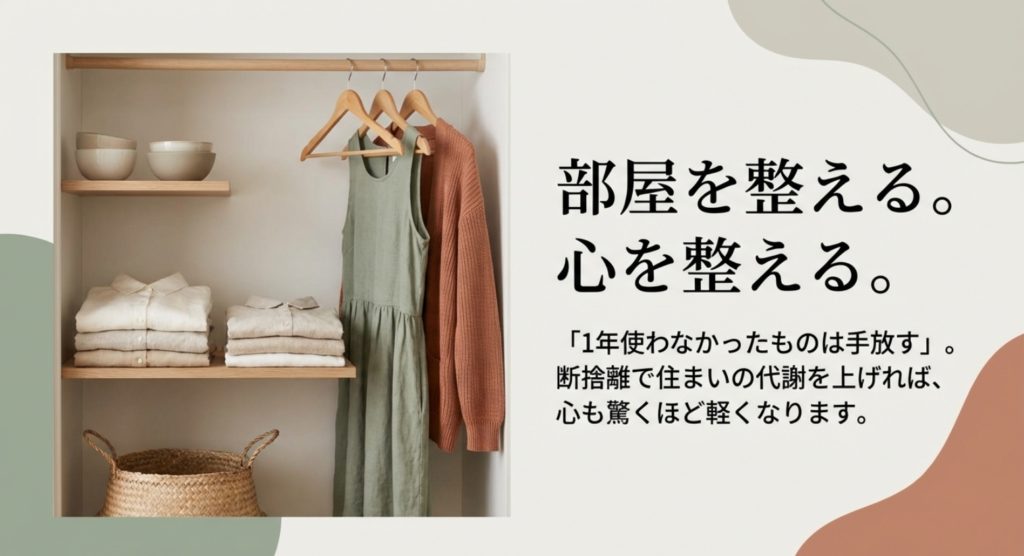 掃除や断捨離で住まいと心のモヤモヤを整理するを示す画像。