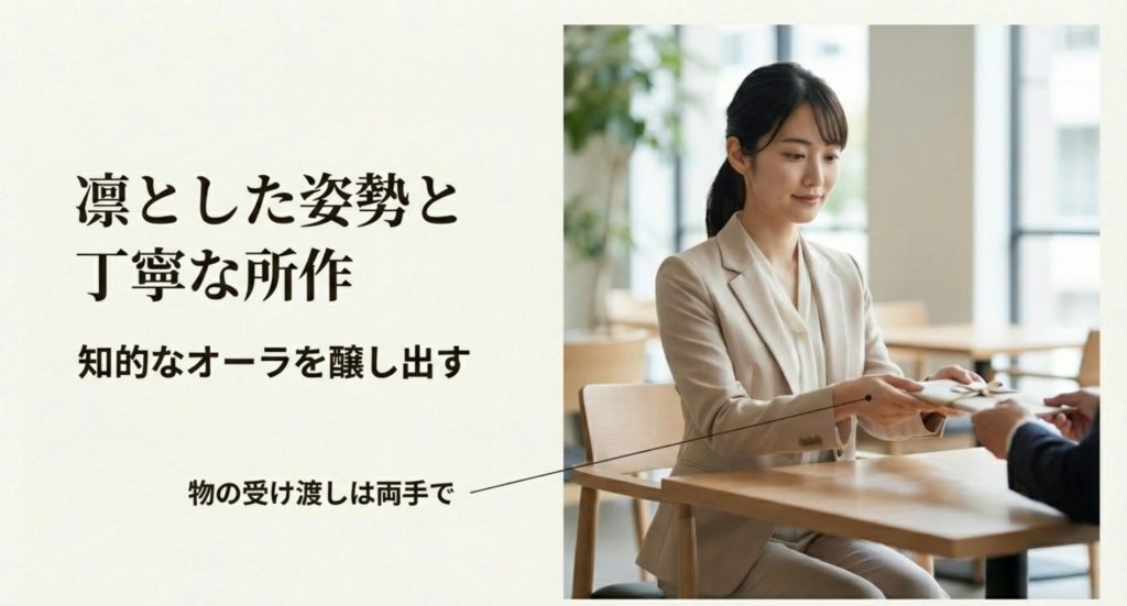 雰囲気美人に共通する姿勢や上品な立ち居振る舞いを示す画像。