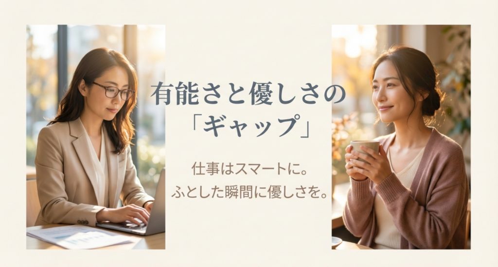 職場で見せる有能さと優しさのギャップで心を掴む方法を示す画像。