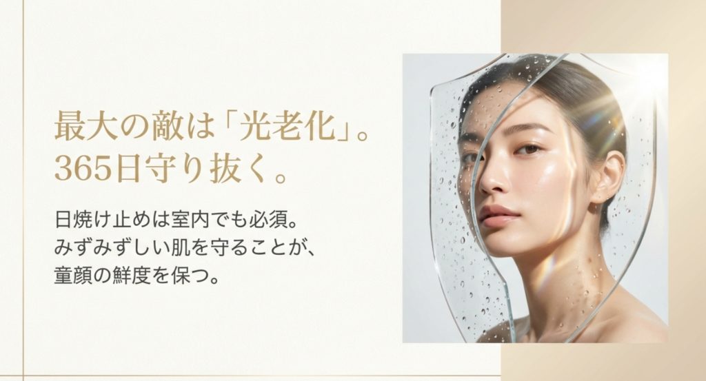 シミやたるみを防ぐ光老化対策とスキンケアの基本を示す画像。