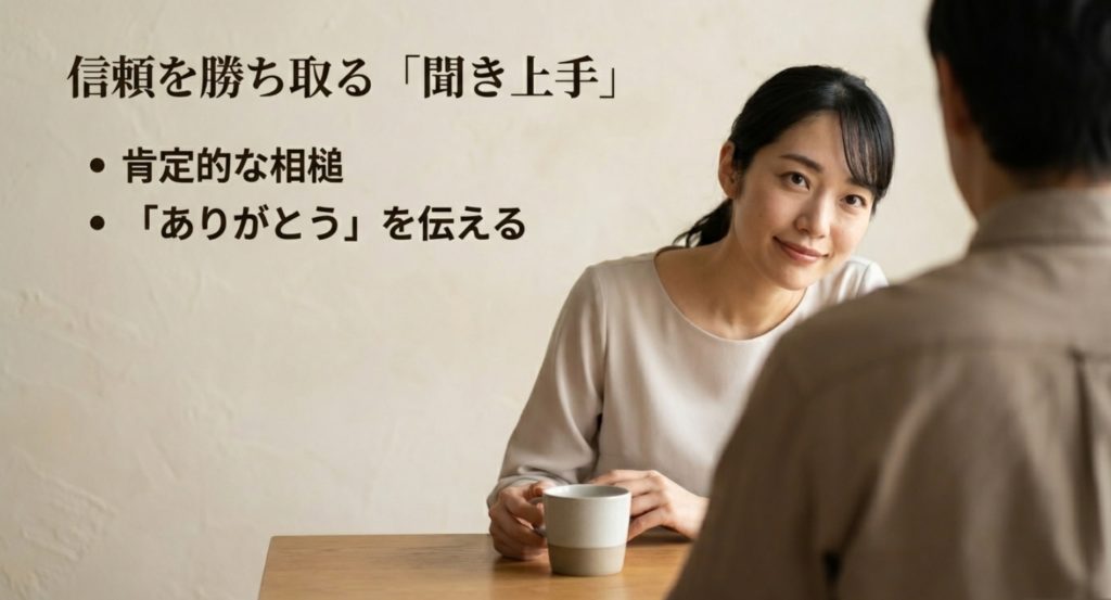 聞き上手な相槌と感謝を伝えるコミュニケーション術を示す画像。