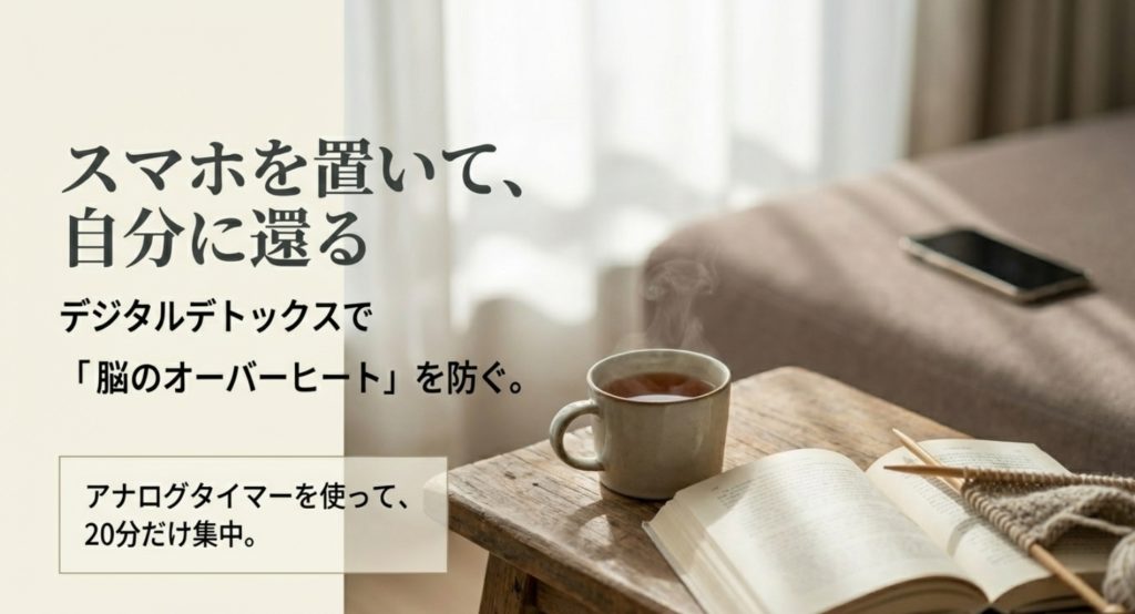 スマホ依存を脱却し脳を休ませるデジタルデトックスを示す画像。
