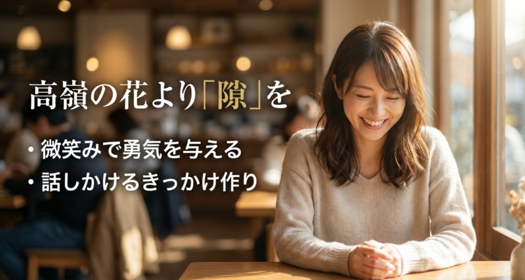 隙を見せて話しかけない男性にきっかけを与える技術を示す画像。