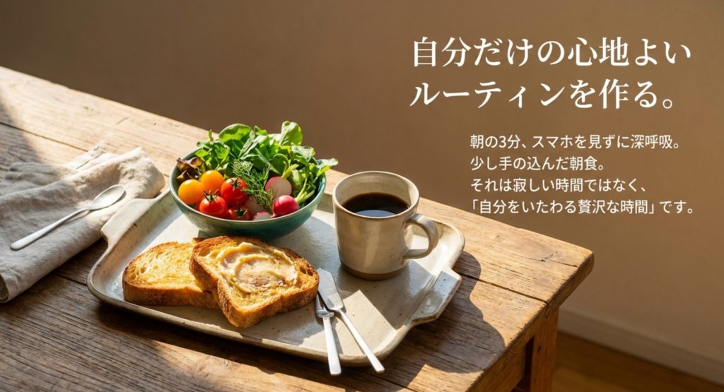 一人でも充実する休日の過ごし方とルーティンを示す画像。