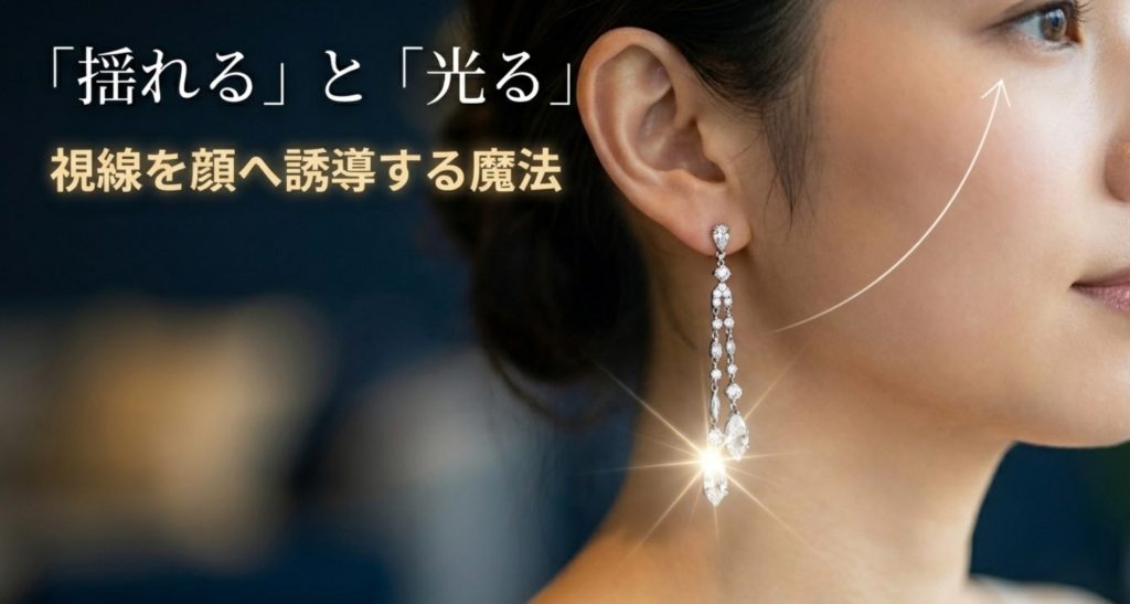 揺れるイヤリングや光る装飾品が視線を奪うメカニズムを示す画像。