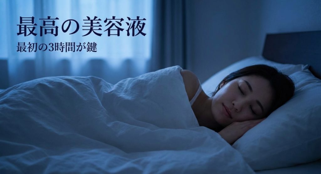 睡眠の質を高めて目の下のクマやたるみを防ぐを示す画像。