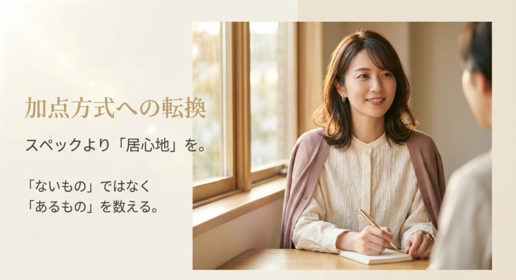 理想が高い自分を卒業し加点方式で相手を見るトレーニングを示す画像。