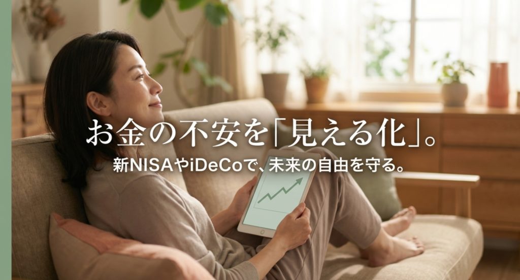 資産形成を始めて老後資金の不安を解消する方法を示す画像。