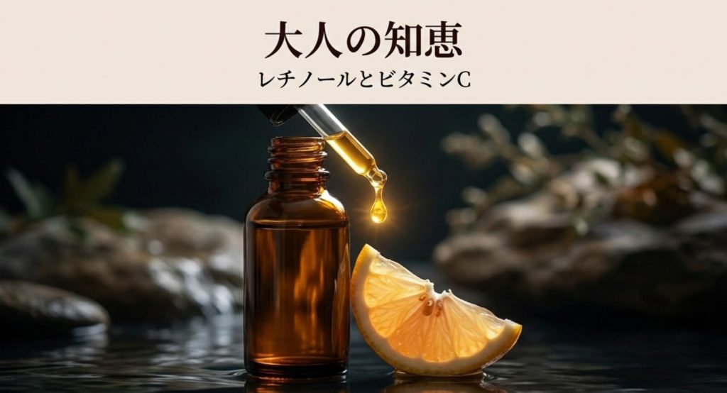 スキンケアでレチノールやビタミンCを取り入れるを示す画像。