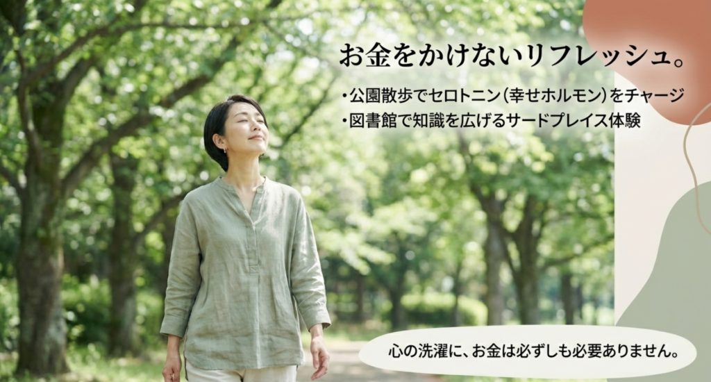 お金をかけずに楽しめる節約リフレッシュプランを示す画像。