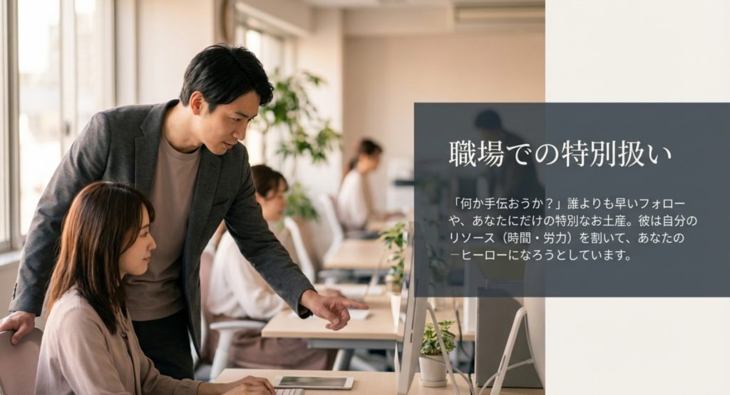 職場で特定の女性だけを過剰にフォローする特別扱いを示す画像。