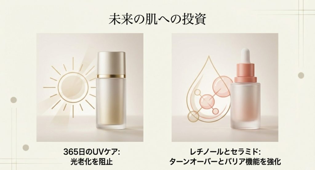 シミやくすみや小ジワを抑える肌年齢の整え方を示す画像。