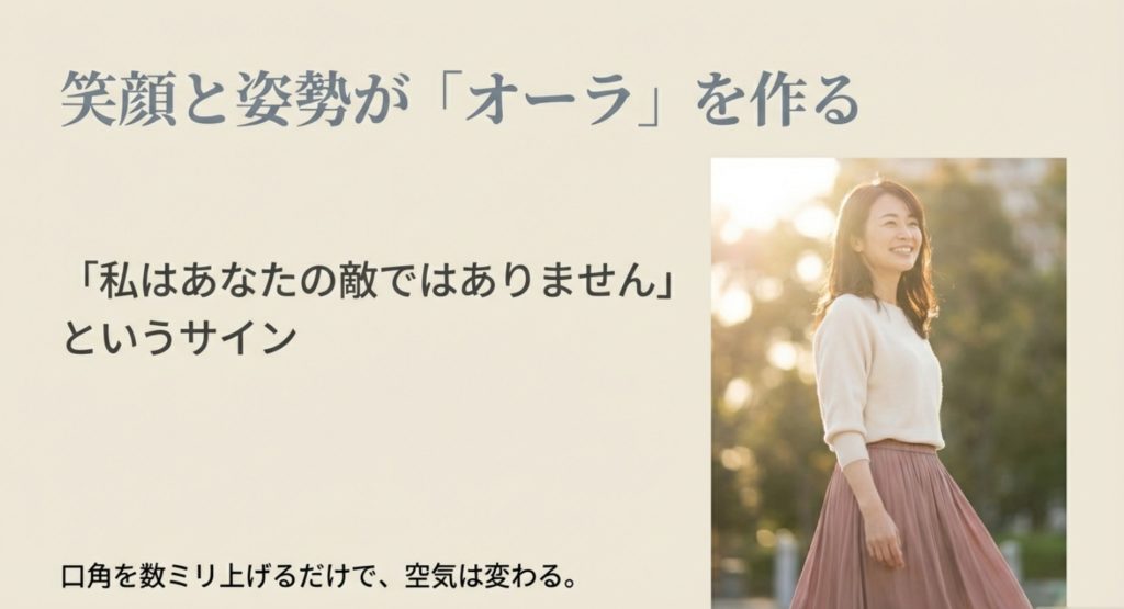 笑顔や姿勢などのモテる女の雰囲気とオーラを纏うコツを示す画像。