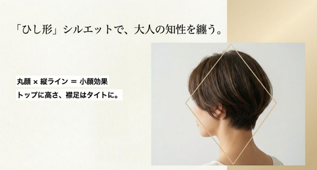 40代の丸顔を活かした若見えする髪型の法則を示す画像。