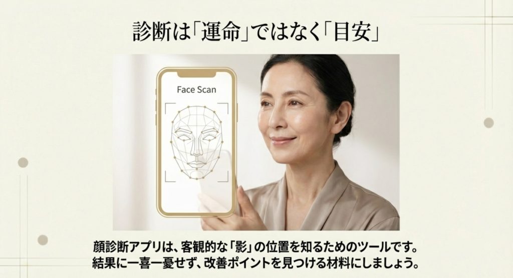 顔年齢診断や見た目年齢診断を正しく活用する指標を示す画像。