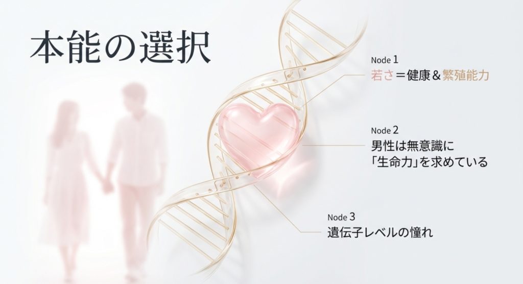 若く見える女性がモテる理由と進化心理学的な背景を示す画像。
