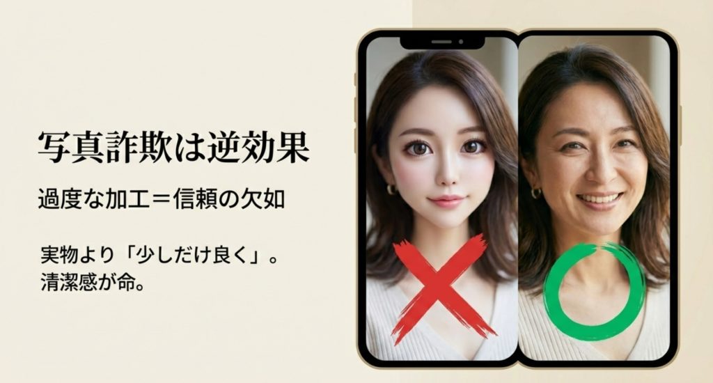 オンライン婚活で加工や盛りが逆効果になる信頼性の問題を示す画像。