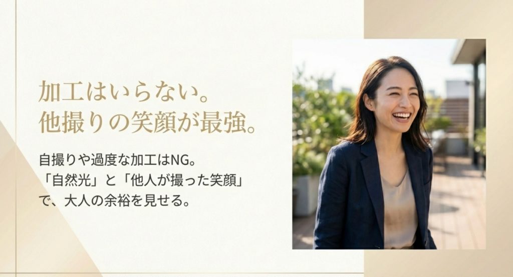 マッチングアプリで婚活を成功させる写真のコツを示す画像。