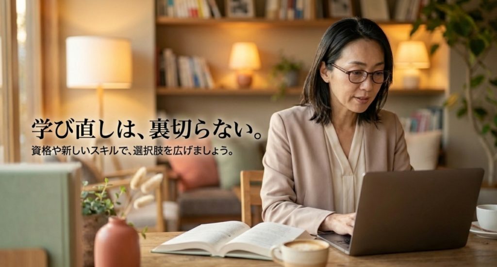 働き方の選択肢を広げる資格取得とリスキリングを示す画像。