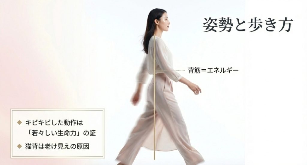 姿勢や歩き方から溢れ出すエネルギーと若々しい習慣を示す画像。