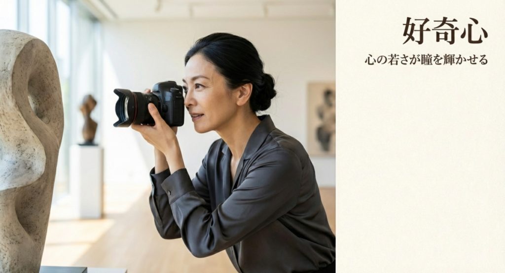 好奇心を持ち続ける性格が表情を明るくする理由を示す画像。