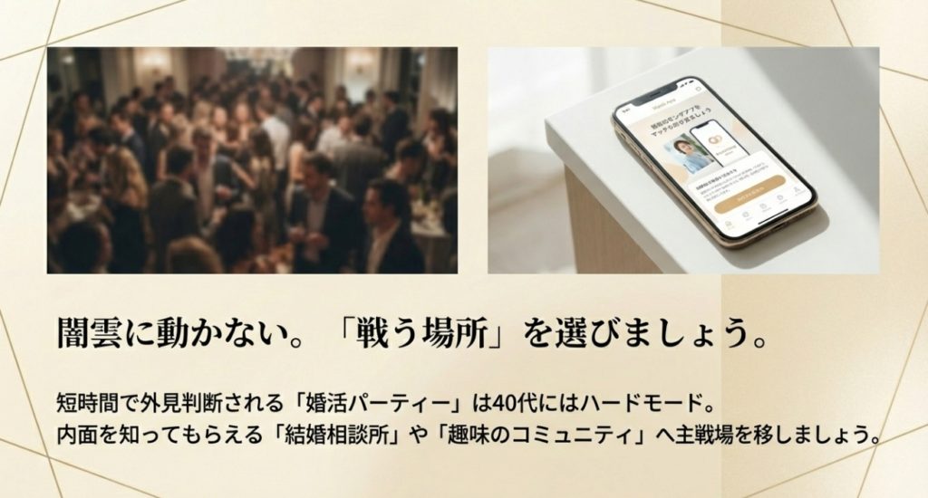 婚活パーティーで40代が苦戦する出会い不足の解消法を示す画像。