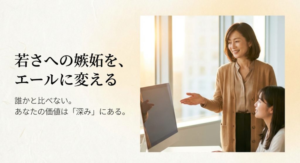 若い人への嫉妬を抑えて精神的に自立した大人の余裕を持つを示す画像。