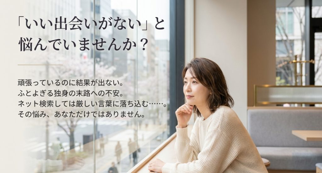 いい出会いがないか悩んでませんかを問いかけている画像。