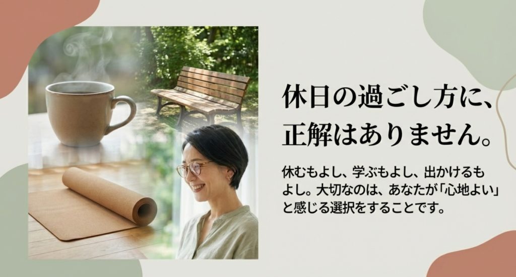 理想の40代独身女性の休日の過ごし方を見つけるまとめを示す画像。