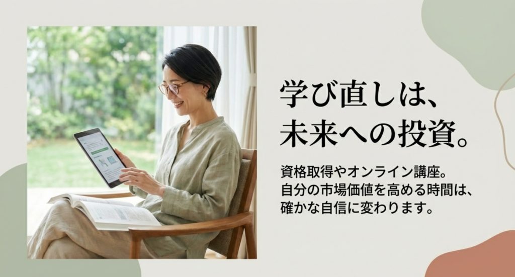 資格取得や学び直しでキャリアの選択肢を広げるを示す画像。