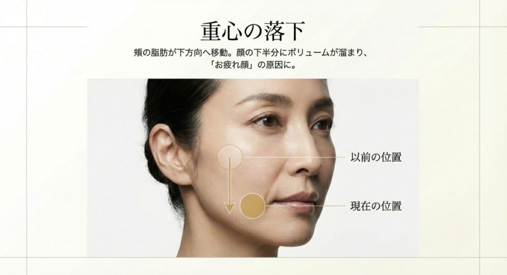 40代から顔の重心が下がる仕組みとたるみの影響を示す画像。